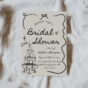 Carte d'invitation pour une douche nuptiale, brunch et champagne, invitation pour un brunch nuptial, douche au champagne, images illustrées, vagues | DC266