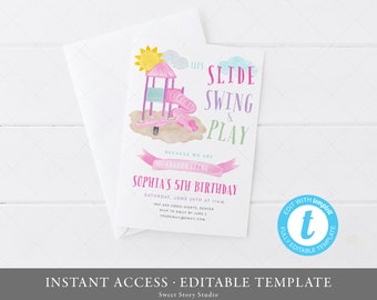 Park Party Invitation Card , Girl's Park Party, Playground Invitation, Outdoor Party | DC090
