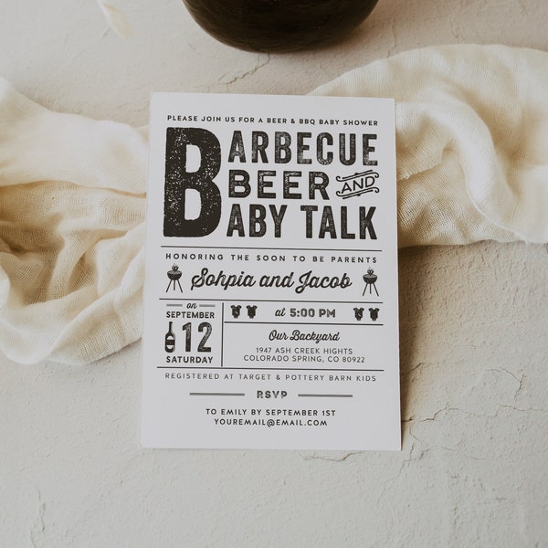 BBQ Beer Baby Talk Barbecue Baby Shower Invitation Card, BabyQ, Co-ed Baby Shower | DC054
