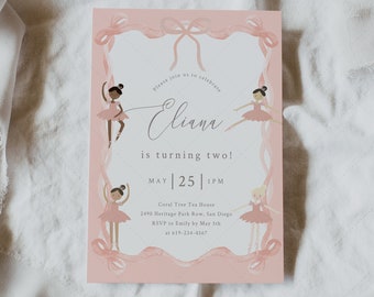 May include: Pink invitation with a ballerina theme for a girl's second birthday party. The invitation features a pink background with a white border and a pink ribbon design. The text on the invitation reads "Please join us to celebrate Eliana is turning two! May 25 | 1PM Coral Tree Tea House 2490 Heritage Park Row, San Diego RSVP to Emily by May 5th at 619-234-4567".