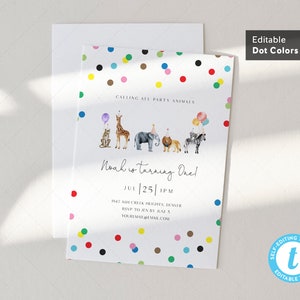 Party Animals Birthday Invitation Card, Wild One Animals Invitation Zoo Safari, Editable Dot Color | DC205