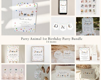 Party Animals First Birthday Party Bundle, Wild One Animals Invitation Zoo Safari Birthday Invitation Bundle | DC205