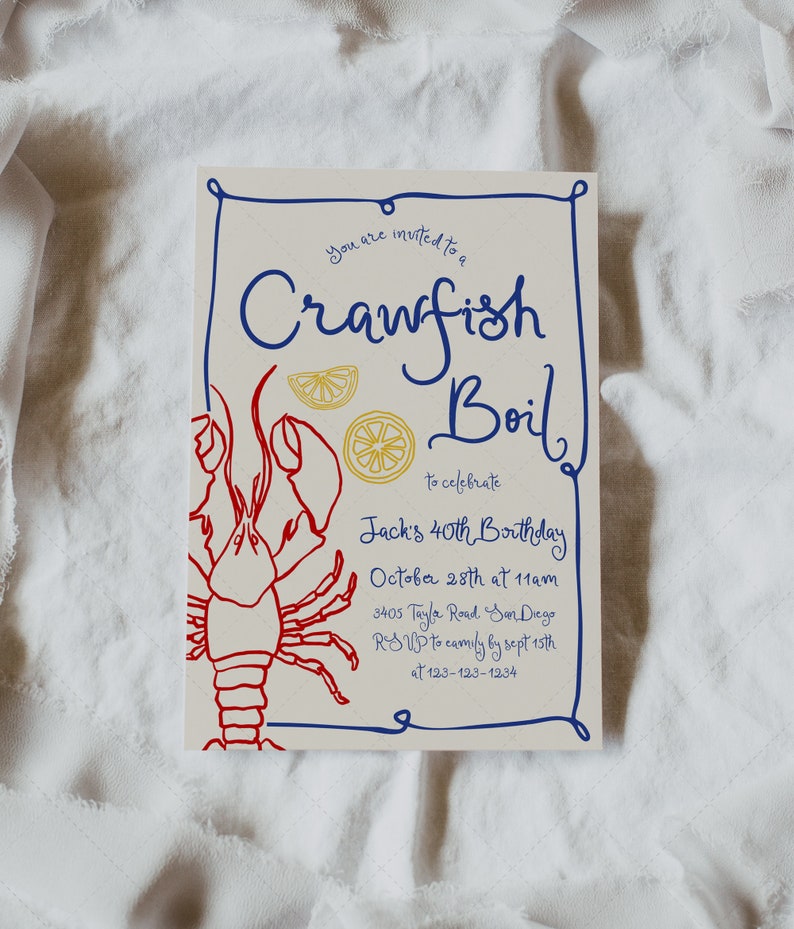 Crawfish Boil Invitation, Any Occasion, Birthday, Mudbugs and Beer Chugs, Graduation, Cajun Couples Shower, Handdrawn DC266 image 2