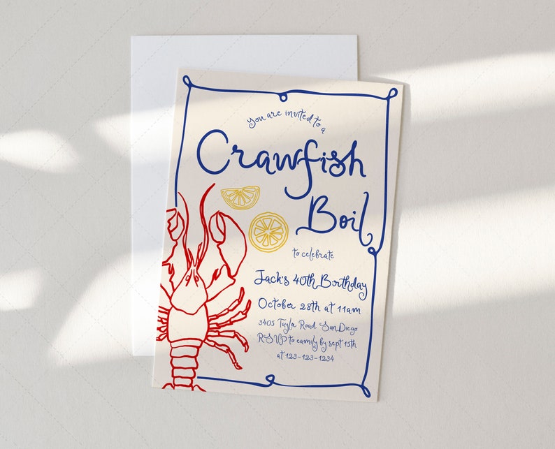 Crawfish Boil Invitation, Any Occasion, Birthday, Mudbugs and Beer Chugs, Graduation, Cajun Couples Shower, Handdrawn DC266 image 1