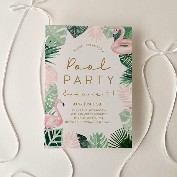 Tropical Pool Party Birthday Invites, Flamingo, Boho, Summer, Tropical, Hawaiian, Pool | DC138