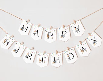 Party Animals "Birthday Birthday" Banner, Wild, Animals, Zoo, Safari, Wild One, Birthday Decoration, First Birthday, Any Age | DC205