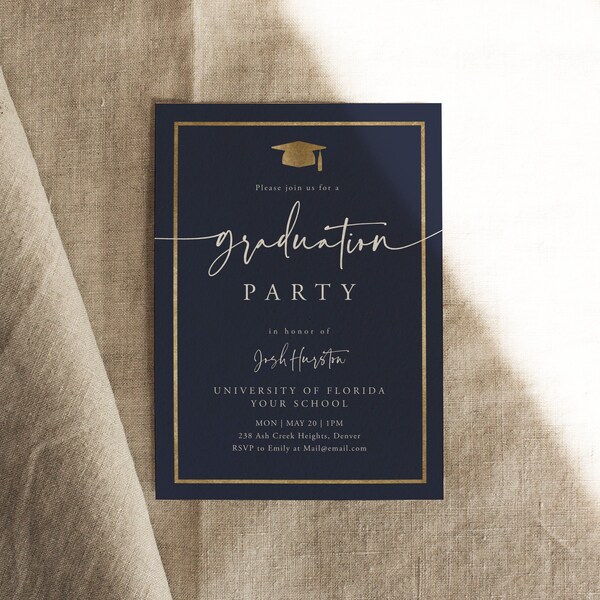 Navy Graduation Party Invitation, Navy, Gold, Simple, Modern Graduation Celebration  | DC117