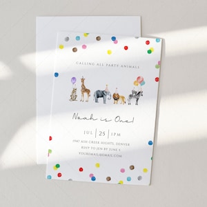 May include: A colorful invitation with confetti and a line of animals wearing party hats. The text reads "Calling all party animals" and "Noah is One!" with the date and time "JUL 25 | 1PM".