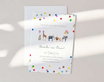 Party Animals Birthday Invitation Card , Wild One Animals Invitation Zoo Safari | DC205
