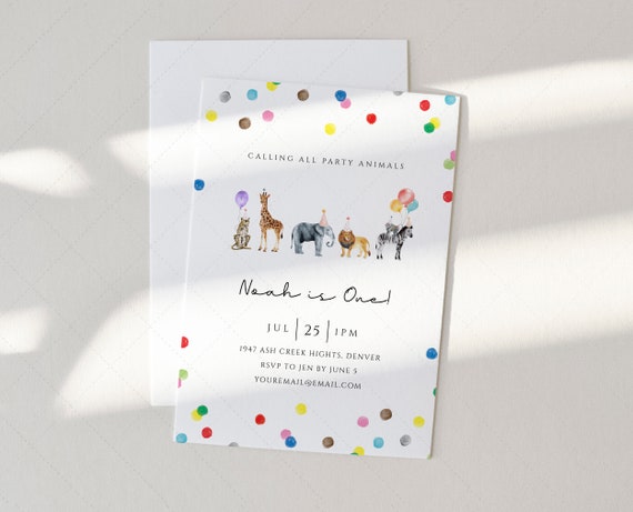 Party Animals Birthday Invitation Card , Wild One Animals Invitation Zoo Safari | DC205