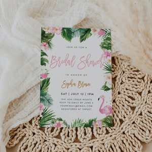 Tropical Bridal Shower Invitation, Flamingo, Summer Bachelorette Party, Tropical, Hawaiian, Pool Party | DC023