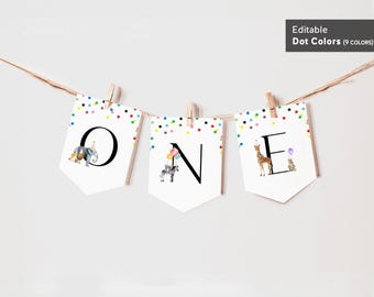 Party Animals Birthday First Birthday High Chair Banner, ONE, Wild, One, Animals, Zoo, Safari | DC205