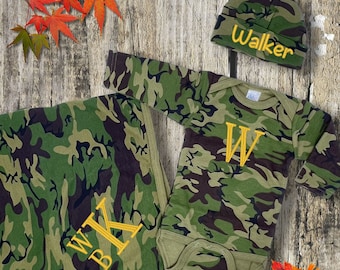 Personalized Camo Baby Gift Set, Embroidered Hat, Monogrammed Blanket, 0-3 Months