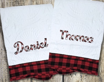 Edredón bordado para bebé: Ribete de cuadros personalizado, regalo de Navidad