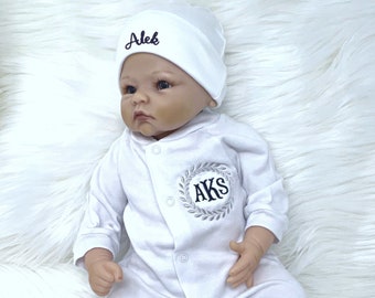 25% off - Personalized Baby Boy Outfit: Monogrammed Newborn Sleeper Baby shower gift
