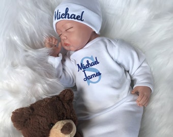 Embroidered Newborn Boy Outfit: Personalized Baby Gown, Monogrammed Gift