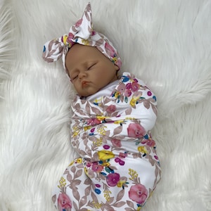 Handmade Infant Swaddle Sack and Turban Bow Set: Spring Flowers