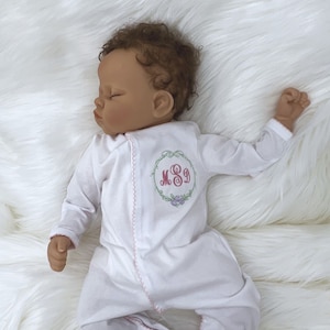 Monogrammed Newborn Outfit: Organic Cotton Sleeper, Personalized Hat