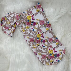 Newborn Swaddle Sack and Turban: Handmade Floral Snugglebug Set
