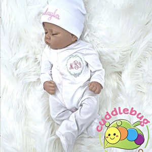 Personalized Baby Girl Coming Home Outfit: Floral Monogrammed Sleeper & Hat
