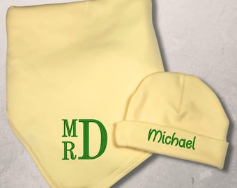 Conjunto de manta y gorro de bebé personalizados: regalo para recién nacido con monograma bordado