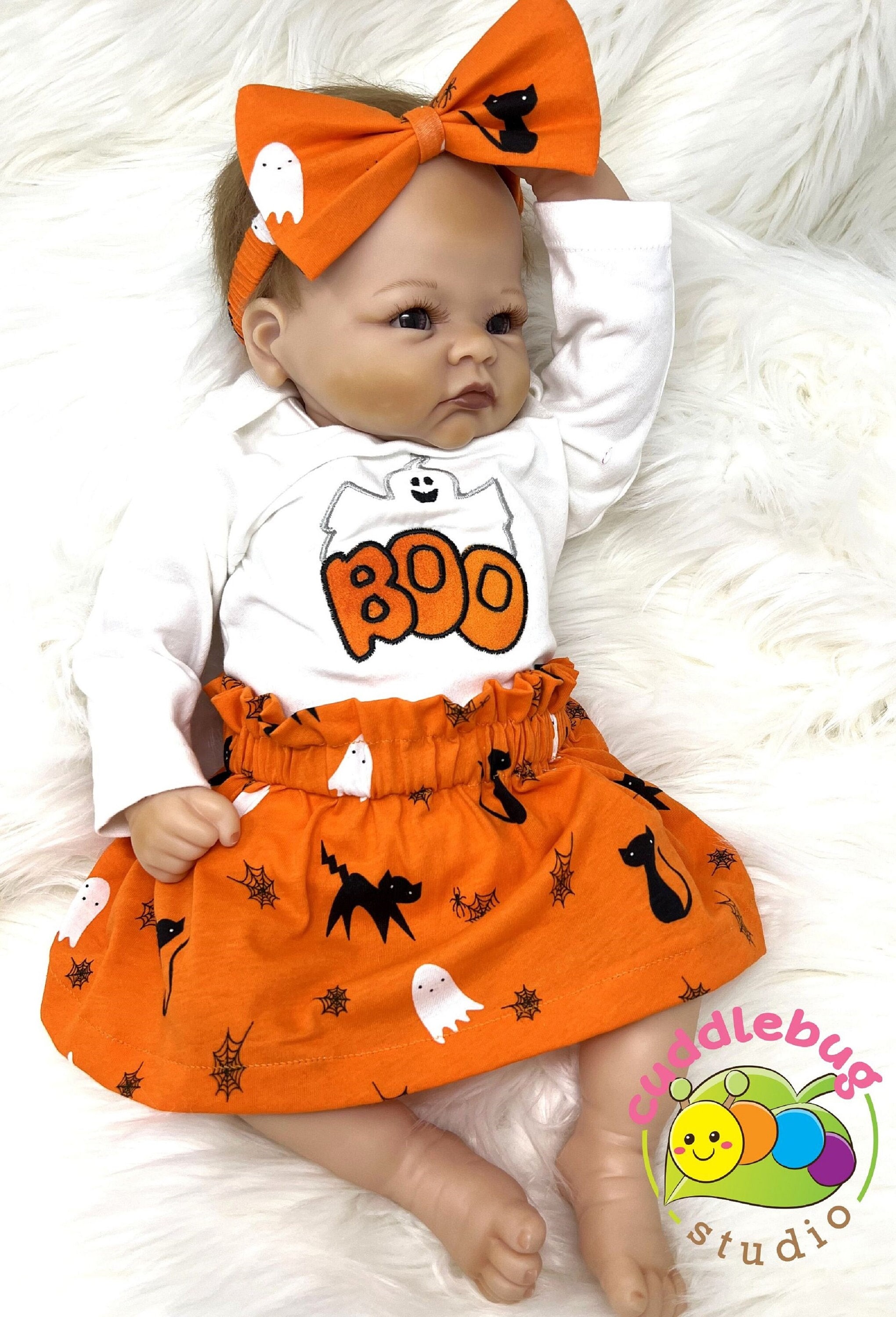 Personalized Baby Girl Halloween Outfit: Ghost Bodysuit, Skirt & Bow