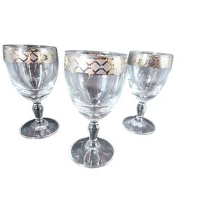 Lavorato A Mano Italy Vintage Clear Wine Goblets With Silver Gilt Rim Stemware Set Of 3