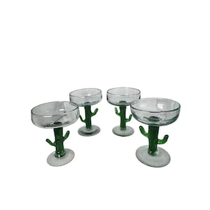Set of 4 Margarita Glasses Hand Blown Clear Mexican Glass Green Cactus Stem