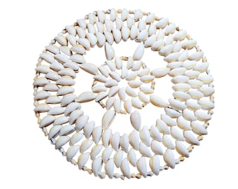 Vintage Polished Cowrie Shell Trivet Round Hand Made Wall or Table Decor 9"