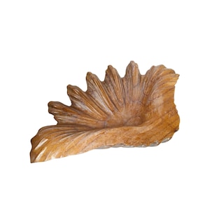 Vintage Hand-Carved Wooden Oyster Shaped Bowl Sculpture Coastal Decor
