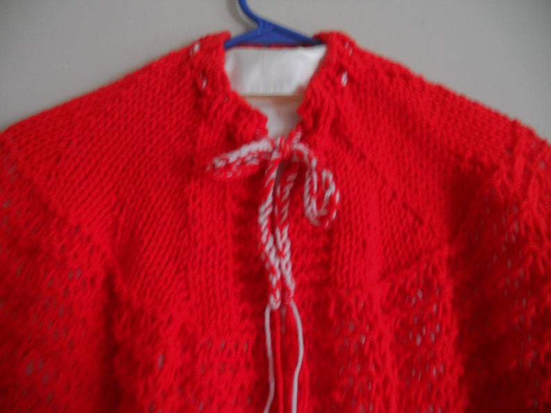 Size medium Copied from authentic 1800/'s pattern. Bright red hand knit 1800/'s summer sweater cape or shawl