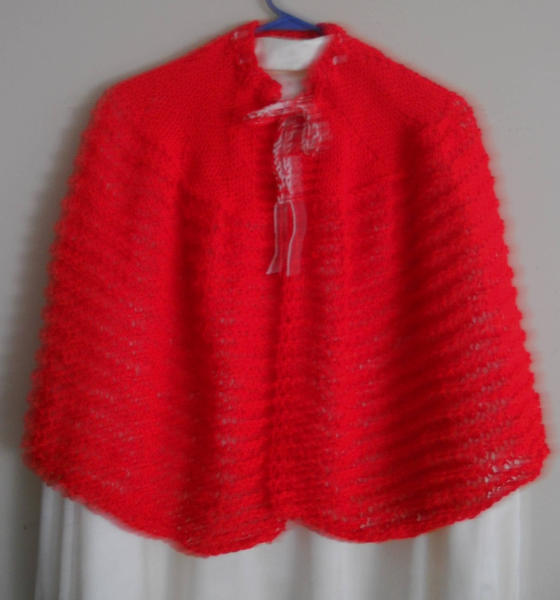 Size medium Copied from authentic 1800/'s pattern. Bright red hand knit 1800/'s summer sweater cape or shawl