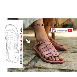 May include: A digital shoemaking pattern for gladiator sandals, featuring a black and white line drawing of the sandal design, the text "Shoemaking Pattern", "Gladiator Shoemaking Pattern", and "+ Video Clips", alongside a photo of pink leather gladiator sandals.