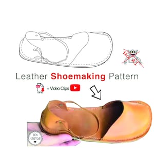 Puede incluir: Se muestra un patrón de fabricación de calzado de cuero, con una sandalia acabada en cuero marrón. La imagen incluye un dibujo lineal de la sandalia y el texto "Leather Shoemaking Pattern" con iconos de PDF y videoclip.