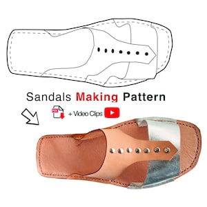 Puede incluir: La imagen presenta un patrón para hacer sandalias y una sandalia terminada. El patrón es un contorno en blanco y negro, mientras que la sandalia es de cuero marrón con un acento plateado. El texto dice "Sandals Making Pattern" con iconos de PDF y videoclip.