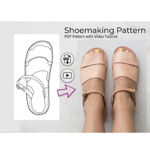 May include: A shoemaking pattern for sandals, featuring a black and white line drawing of the footwear design alongside a pair of light tan leather sandals with two wide straps and an adjustable ankle strap with a gold-toned metal buckle.