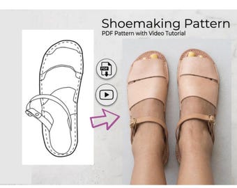 May include: A shoemaking pattern for sandals, featuring a black and white line drawing of the footwear design alongside a pair of light tan leather sandals with two wide straps and an adjustable ankle strap with a gold-toned metal buckle.