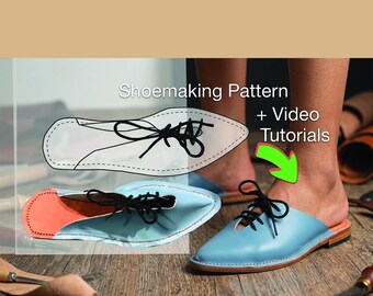May include: A light blue leather mule with a pointed toe, black laces, and a tan interior lining. The image includes a white line drawing of the shoe pattern and the text Shoemaking Pattern + Video Tutorials with a green arrow pointing down.