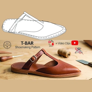 May include: A brown leather T-bar sandal with a pointed toe, a side buckle strap, and a flat sole. The image includes a line drawing of the sandal, the text T-BAR Shoemaking Pattern, a PDF icon, a YouTube icon, and the text + Video Clips.
