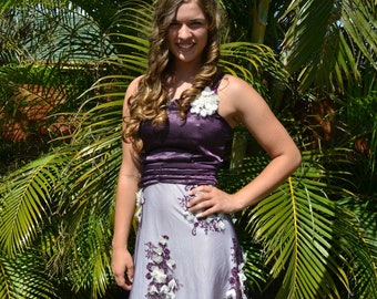 Women's Purple Satin Floral Short Prom Dress, S