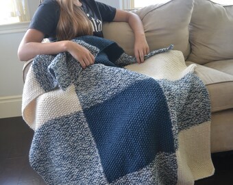 Handknit Wool Plaid Blanket Blue and White