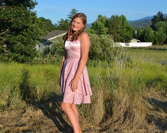 Women's Handmade Pink Lace/Satin Halter Dress, S