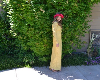 Women's Gold Lace Maxi Dress, S