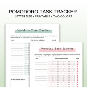 Könnte beinhalten: Druckbarer Pomodoro-Aufgabenplaner mit zwei Farbschemata. Die linke Seite hat ein grünes Farbschema und die rechte Seite ein rosa Farbschema. Jede Seite hat einen Bereich für Aufgaben, Pomodoro-Sitzungen und Erinnerungen und Notizen.
