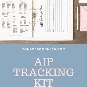 May include: A printable AIP food list and tracker for Phase 1. The list includes vegetables, fruits, fats, meat and poultry, and foods to avoid. The tracker is a grid with columns for each day of the month and rows for different food categories. The text "TONSOFGOODNESS.COM" is at the bottom of the page. The text "AIP TRACKING KIT" is in a larger font size and is below the website address. The text "This kit will help you to stay on track with your AIP journey." is below the kit title.