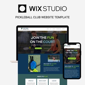 May include: Website template for a pickleball club, featuring a blue and green colour scheme. The website has a header with the text "Top Spin Pickleball Club" and a tagline that says "Join the fun on the court". The website also has a section for booking a court, open play, and lessons.