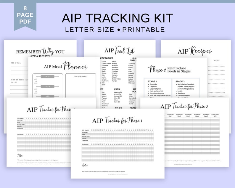 May include: A printable Autoimmune Protocol (AIP) tracking kit with a meal planner, food list, recipes, and trackers for phases 1 and 2. The kit includes a black and white design with gray accents.