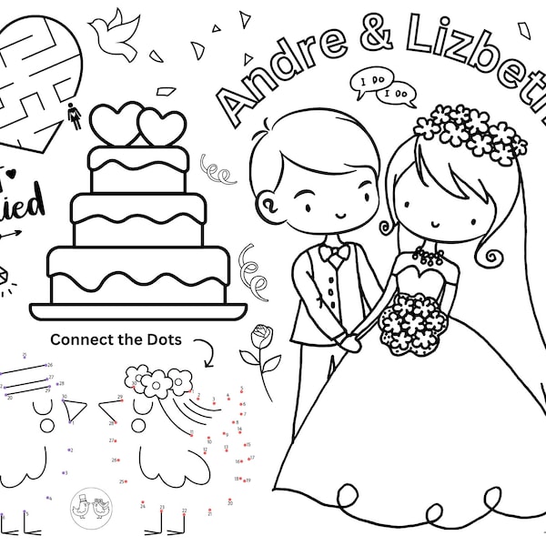 Wedding Coloring Page Printable Placemat For Kids, Digital File, Personalized Names, Wedding kids Activity Game Sheet, Unique Wedding Ideas