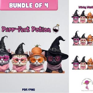 Witch Hat Cats Printable Art - Spooky Halloween Black Cat Digital Download - Cute Witchy Cat PNG & PDF Gift**