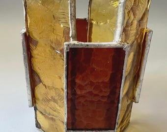 Vtg Stained Glass Candle Shield Shade Amber Brwn Brutalist Geometric Handmade 5"
